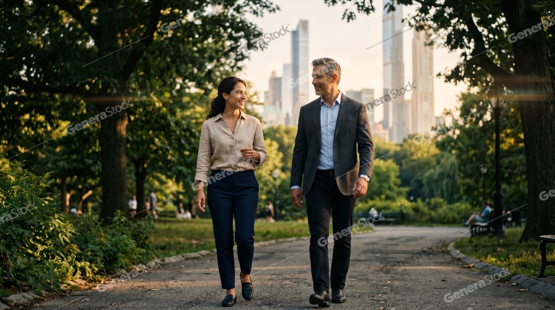 Professional Business Colleagues Walking and Talking in a City Park at Sunset