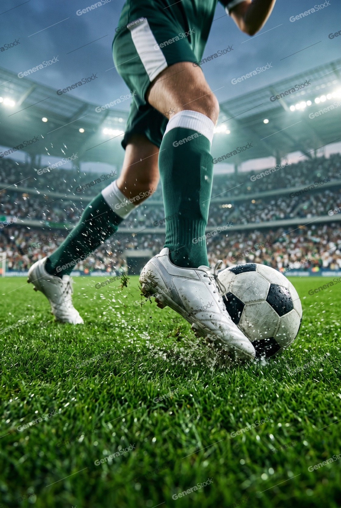 Close-up of a professional soccer player kicking a ball on a wet grass field during a match in a large stadium with bright lights and a crowd