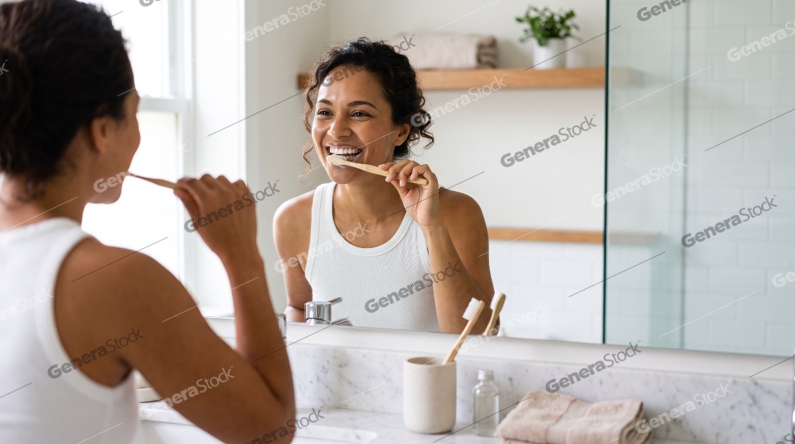 Smiling young woman brushing her teeth with an eco-friendly bamb