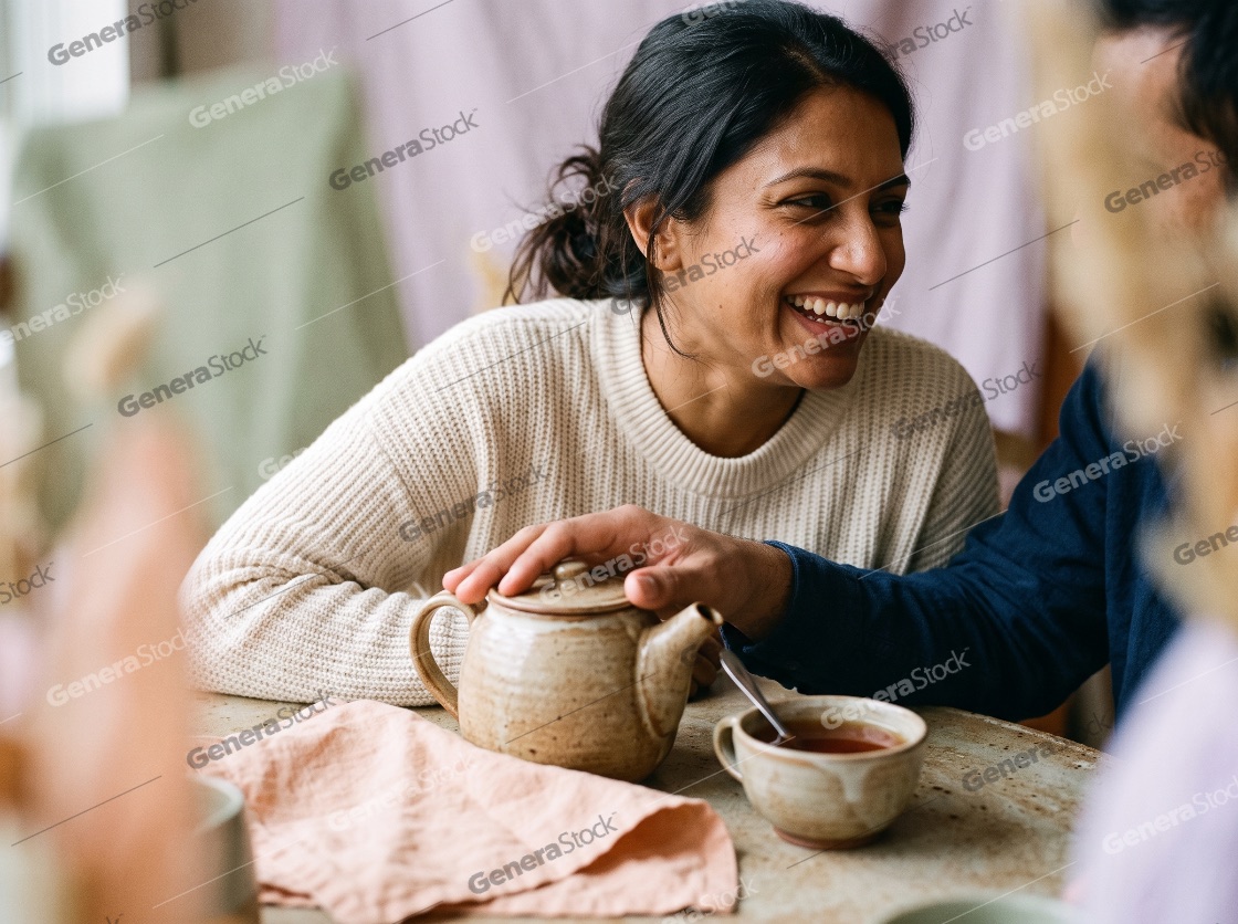 A happy smiling young South Asian woman enjoying a cozy tea time