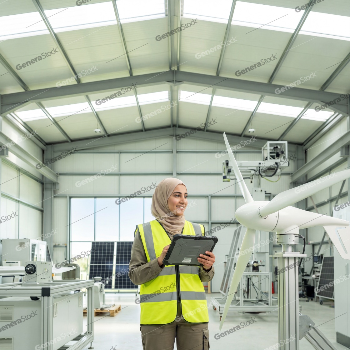 Professional Muslim woman engineer wearing a hijab and high-visibility vest holding a digital tablet while working with wind turbine and solar panel technology in a bright modern laboratory