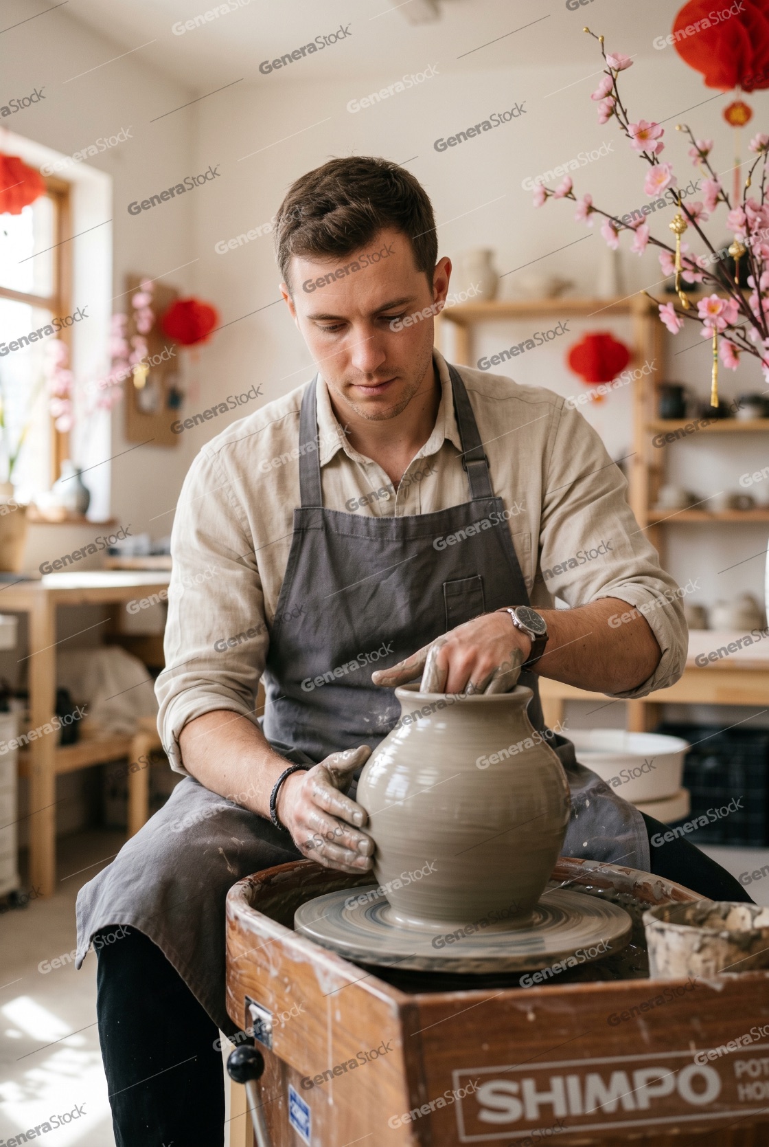 Professional male potter shaping a clay vase on a rotating pottery wheel in a bright studio workshop