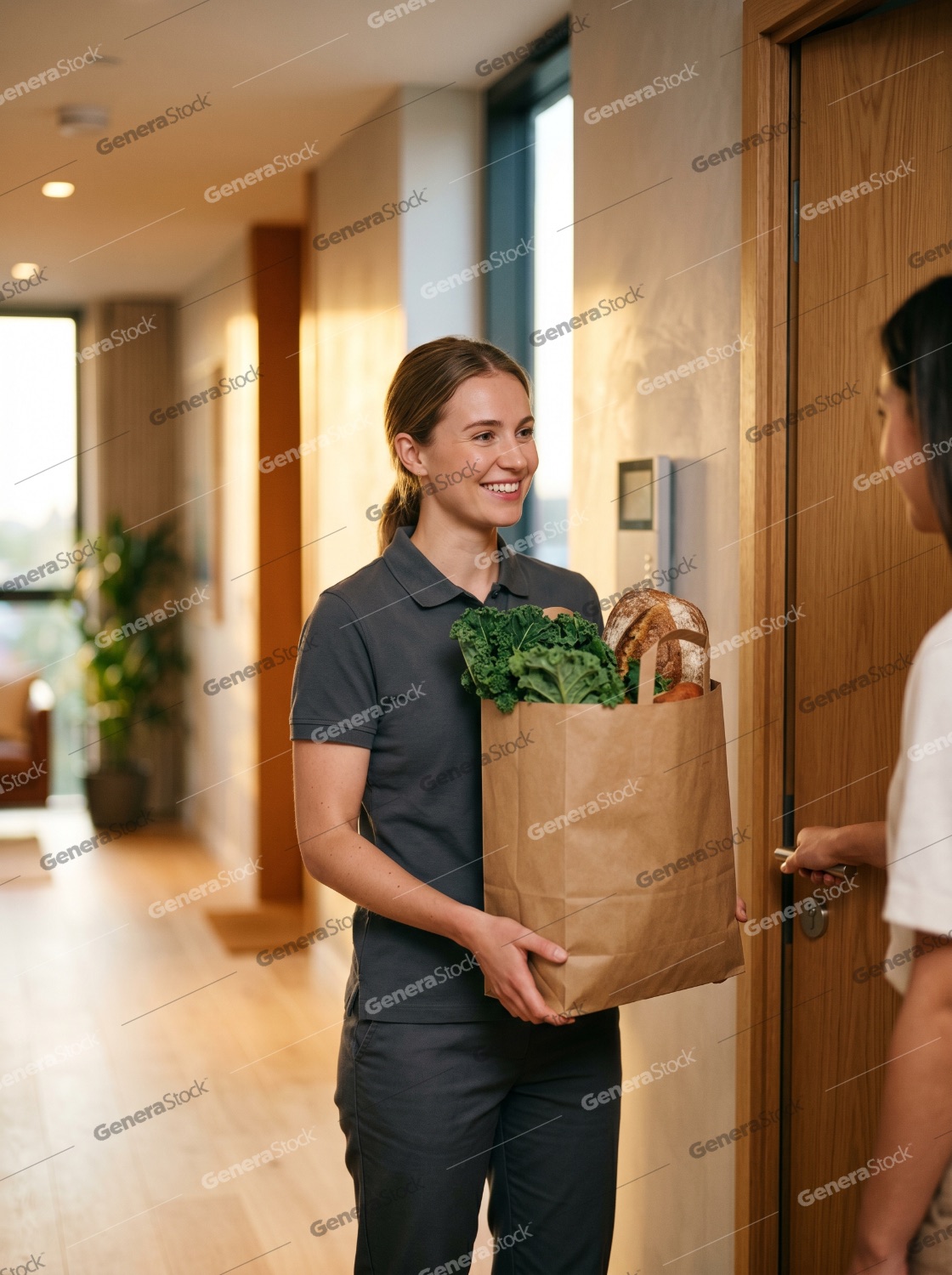 Smiling female delivery worker handing a paper bag of fresh groceries to a customer at their home door