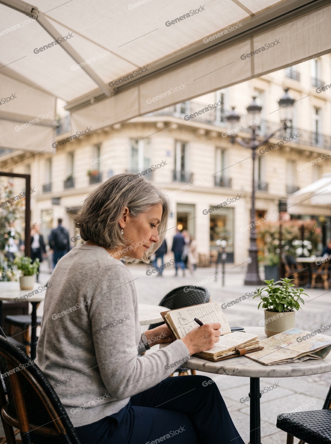 Elegant middle-aged woman with grey hair writing in her travel journal at an outdoor cafe terrace in Paris