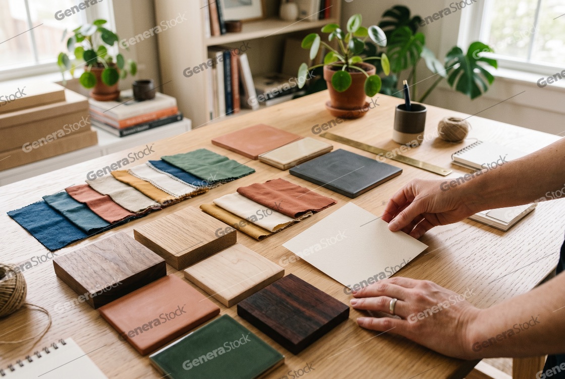 Interior Designer Selecting Material Samples for Home Renovation Project in Bright Studio
