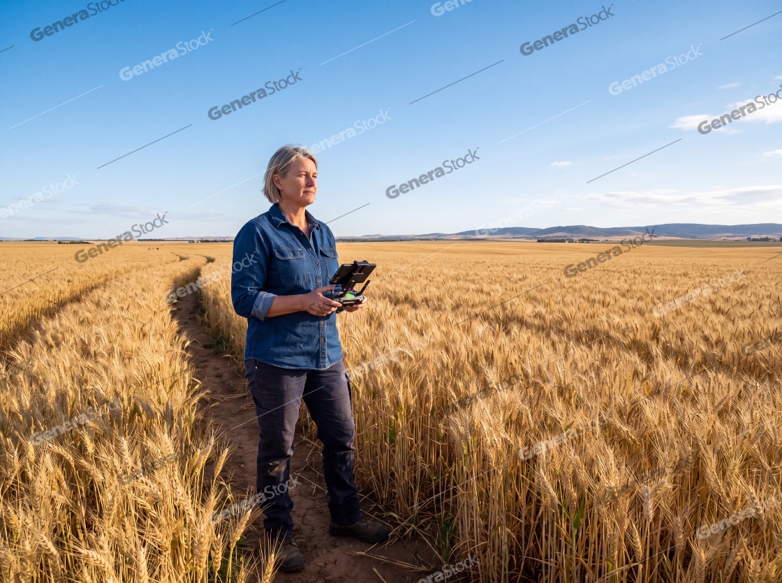 Female farmer using a drone remote controller to monitor a vast golden wheat field during harvest season