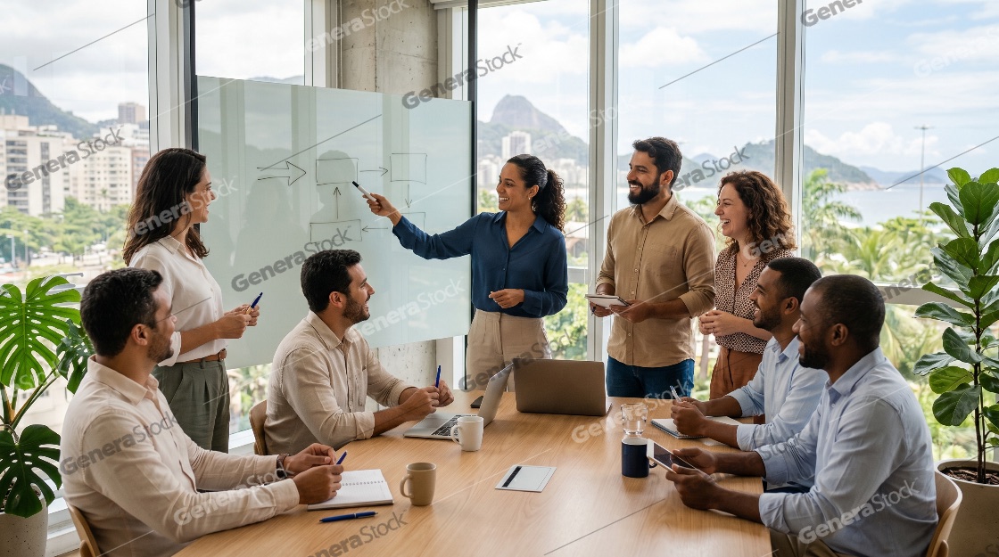 Diverse Business Team Collaborating in a Modern Office with a Coastal City View, Woman Presenting Flowchart on Whiteboard
