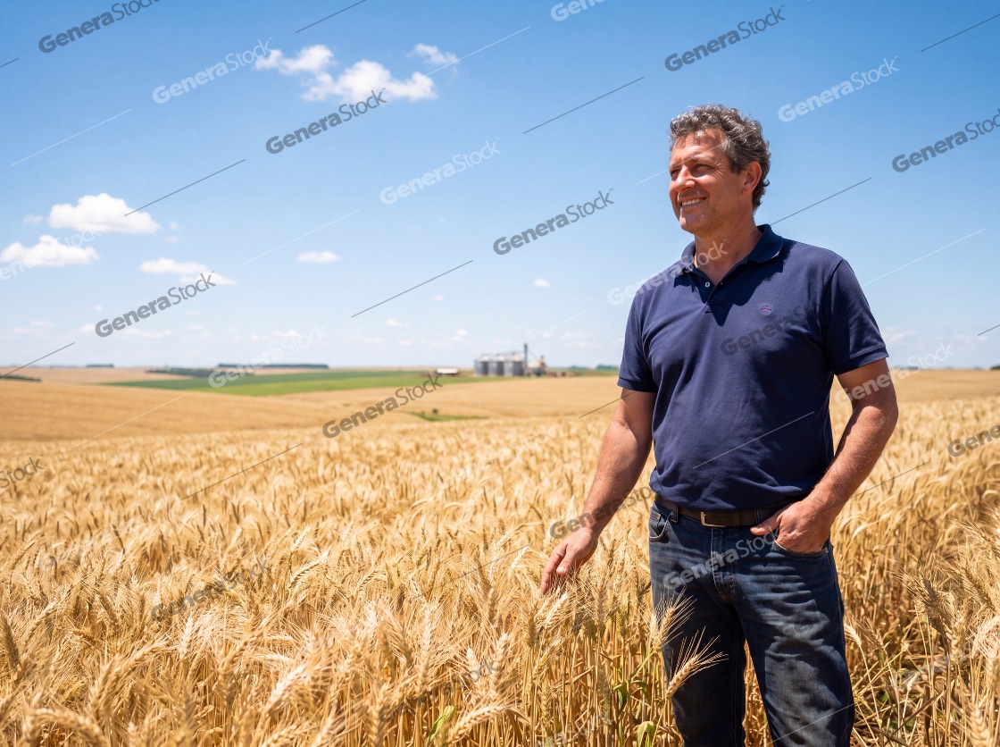 Happy middle-aged farmer standing in a vast golden wheat field under a blue sky