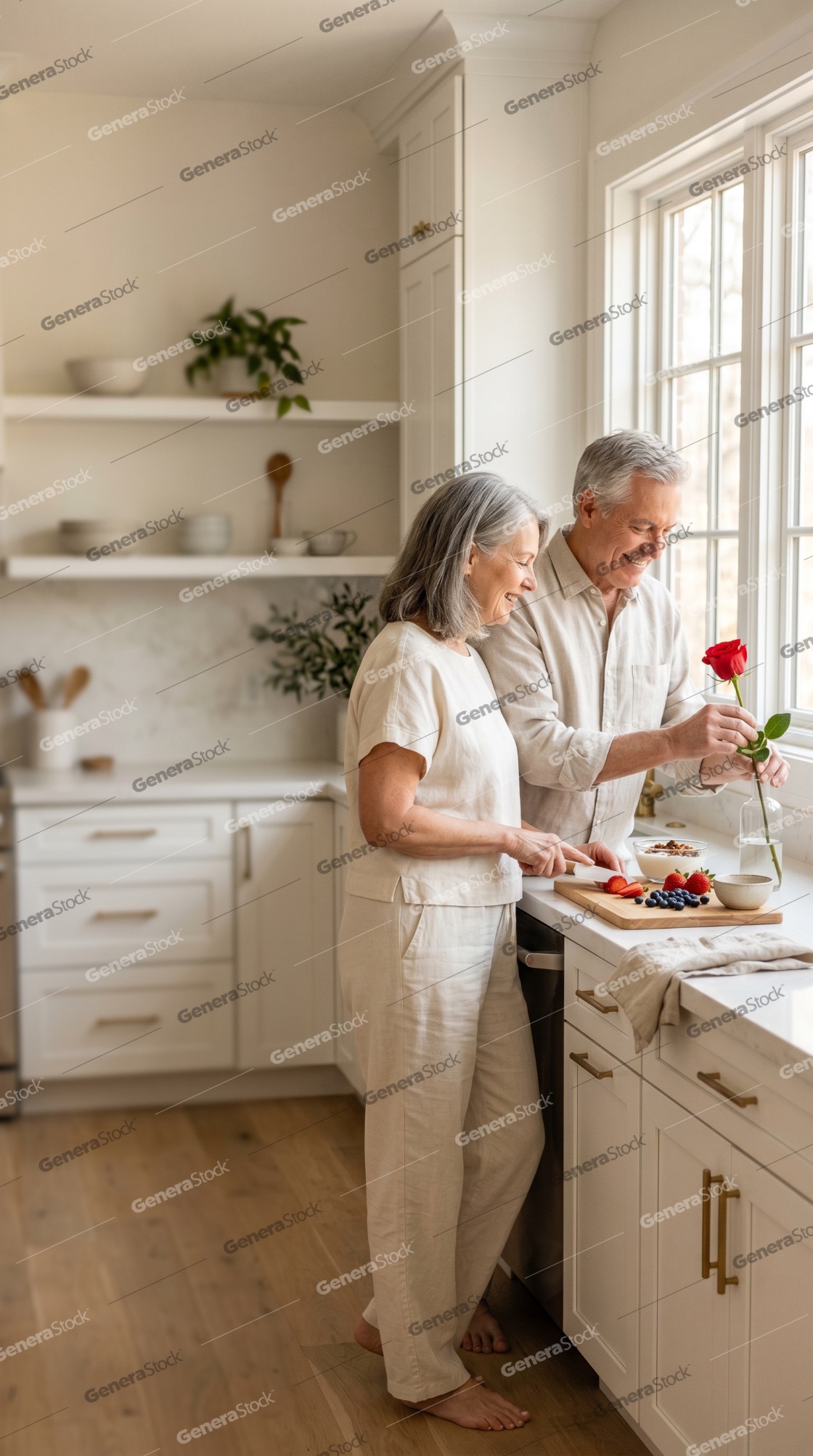 Happy Senior Couple Preparing Healthy Breakfast Together in Bright Modern Kitchen while Man Holds a Red Rose