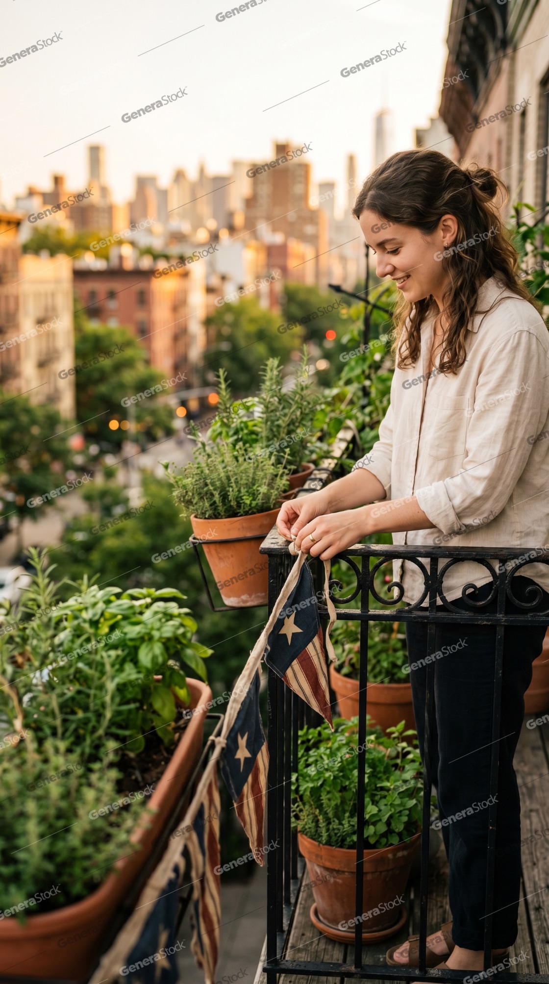 Young woman decorating her city balcony with American flag bunting and potted herbs at sunset