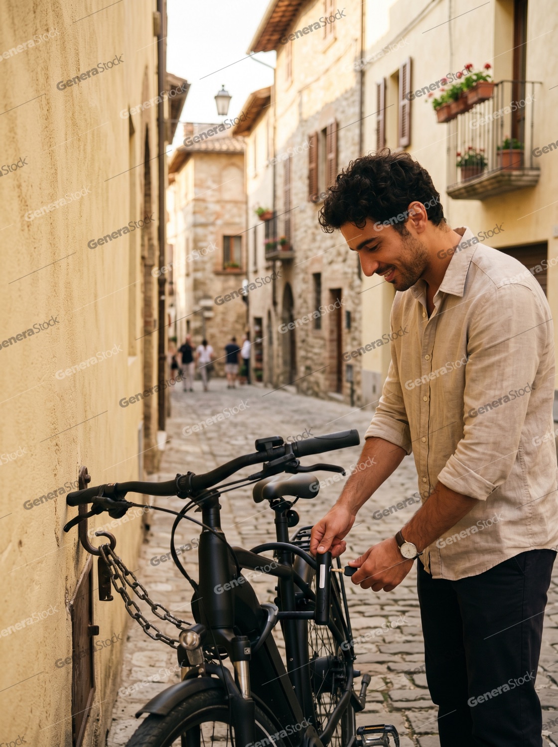 Young man smiling while unlocking his bicycle on a narrow cobblestone street in a historic European town
