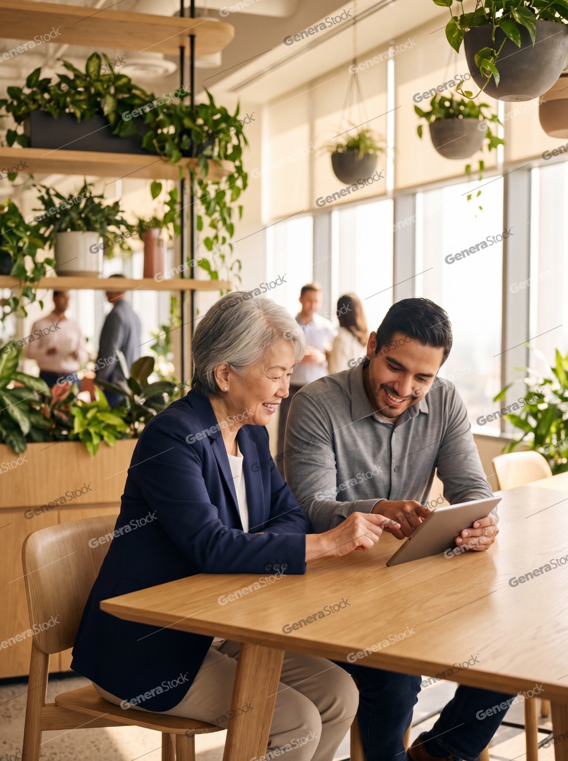 Senior Asian businesswoman and young Hispanic male colleague collaborating on a digital tablet in a bright, modern office filled with lush green plants and natural light during a meeting