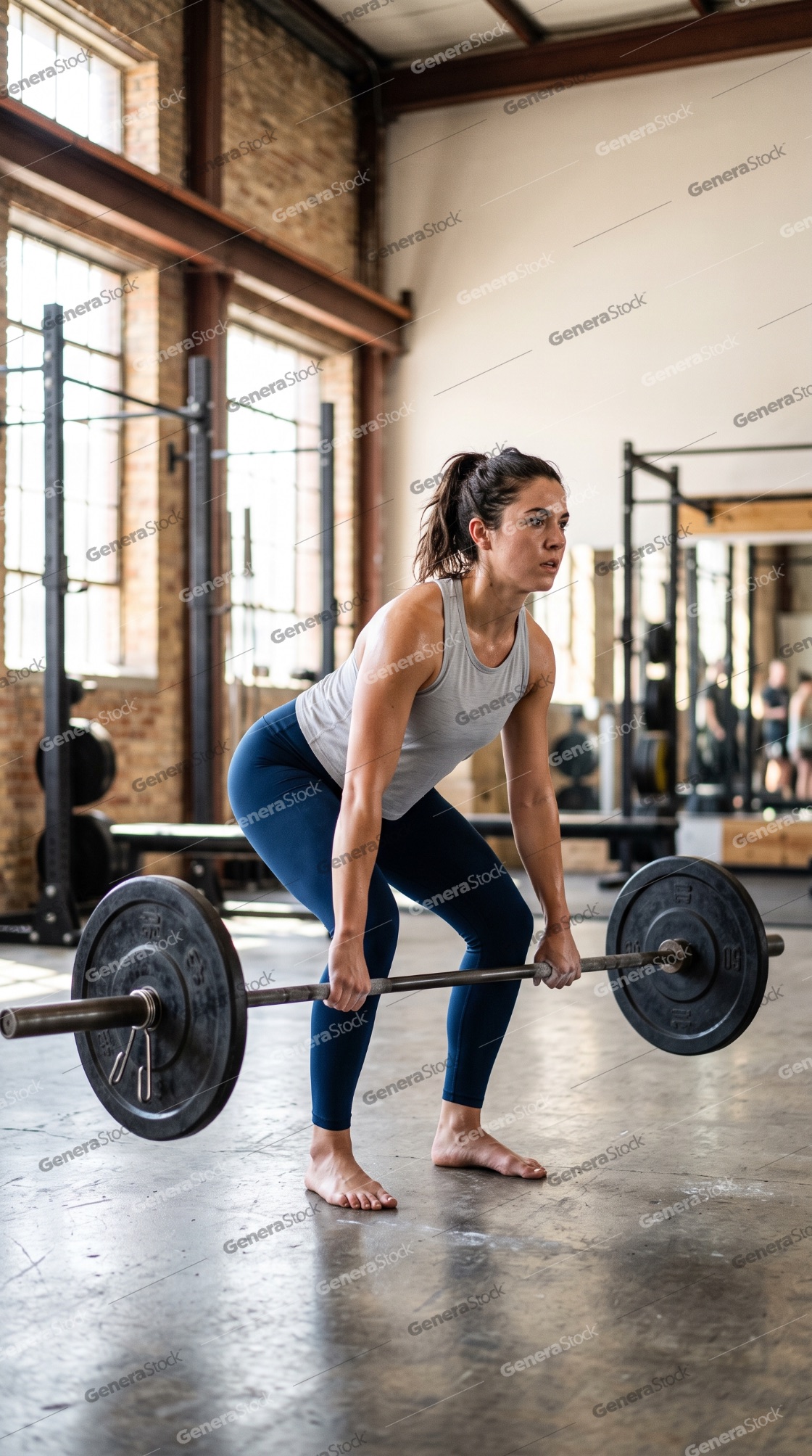 Strong athletic woman performing a heavy deadlift with a barbell