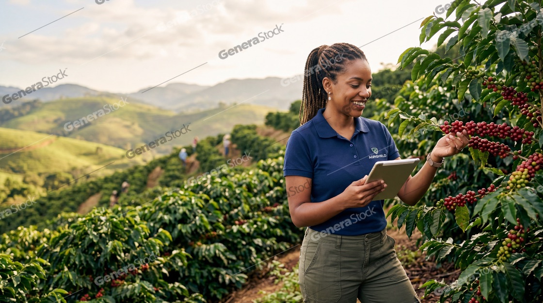Smiling African American female agronomist using a digital tablet while inspecting coffee cherries in a mountain plantation