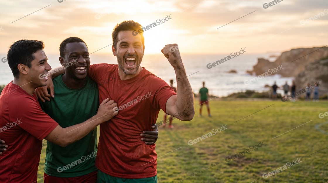 A diverse group of male soccer players celebrates a victory on a coastal field during a beautiful sunset