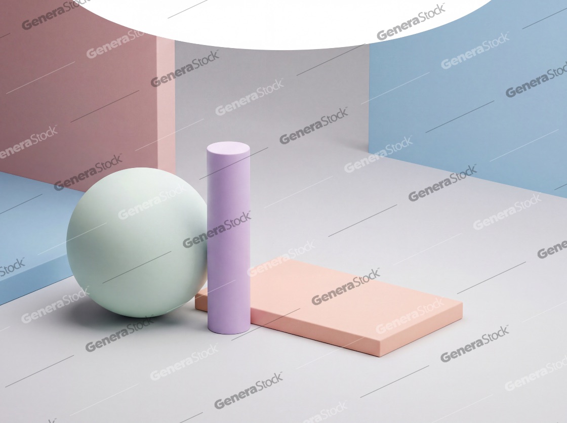 Abstract 3D Geometric Shapes Composition in Pastel Colors Featuring a Sphere, Cylinder, and Podium for Product Presentation