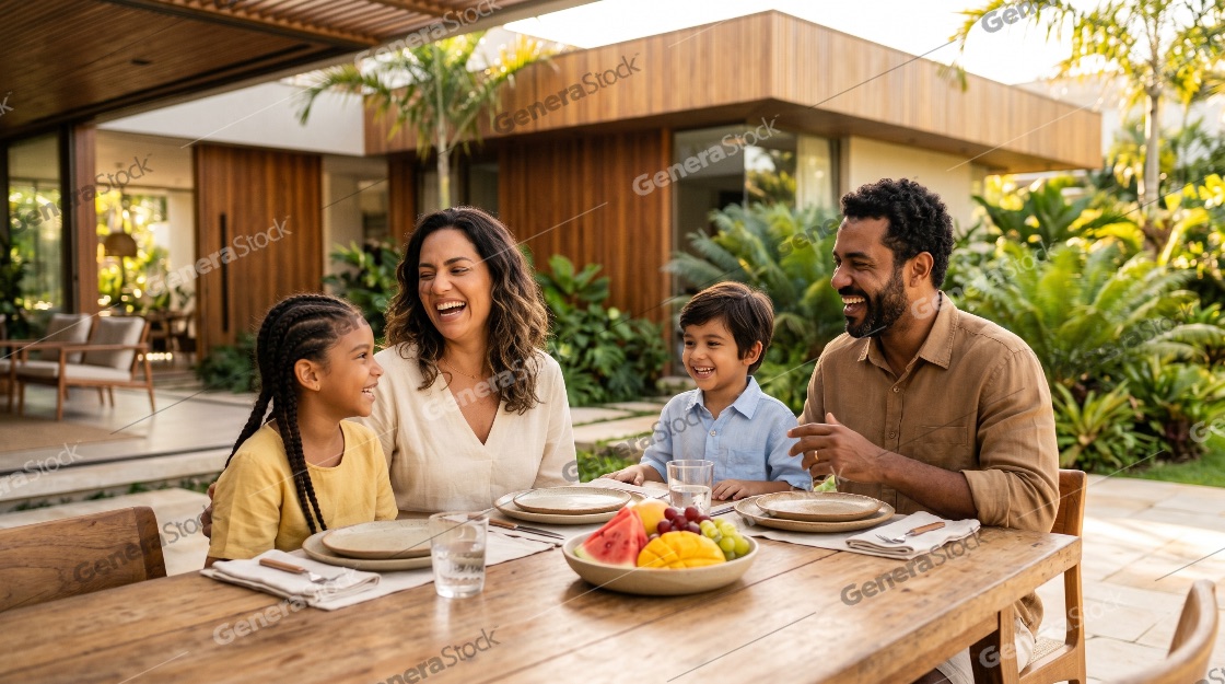Happy family of four laughing together while enjoying a healthy fruit breakfast on the sunny outdoor patio of a modern luxury home