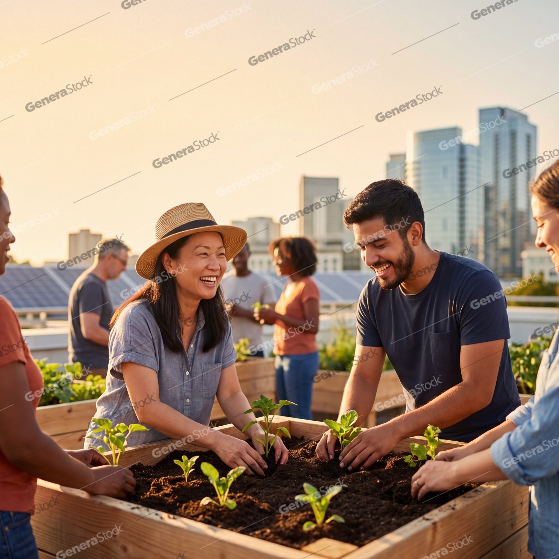 A diverse group of happy friends and neighbors working together in a community rooftop garden, planting young seedlings in a wooden raised bed with a modern city skyline in the background