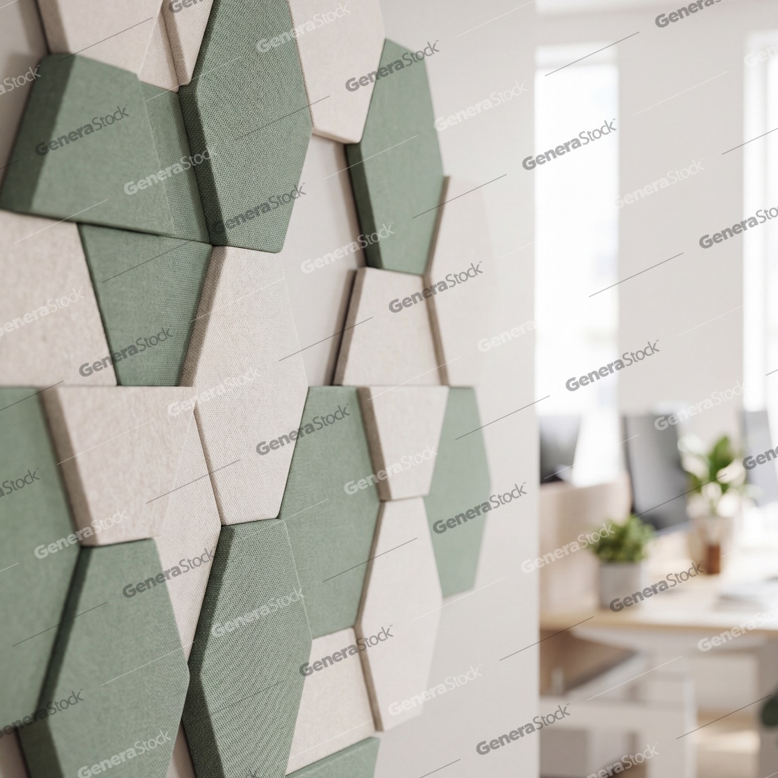 Modern hexagonal acoustic wall panels in sage green and beige fabric installed in a contemporary office space to reduce noise and improve sound quality for a productive work environment