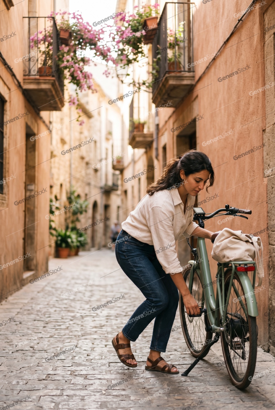 Young woman adjusting her electric bicycle on a narrow cobblestone street in an old European town