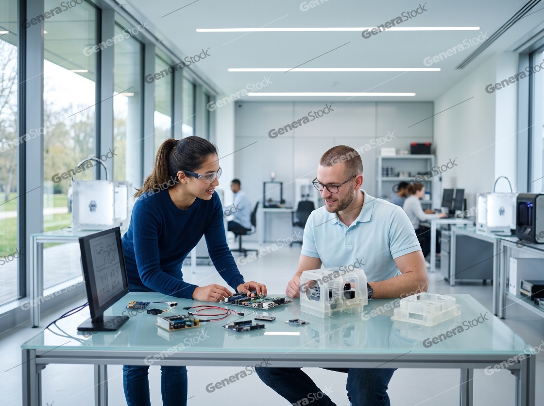 Two professional engineers collaborating on a hardware prototype