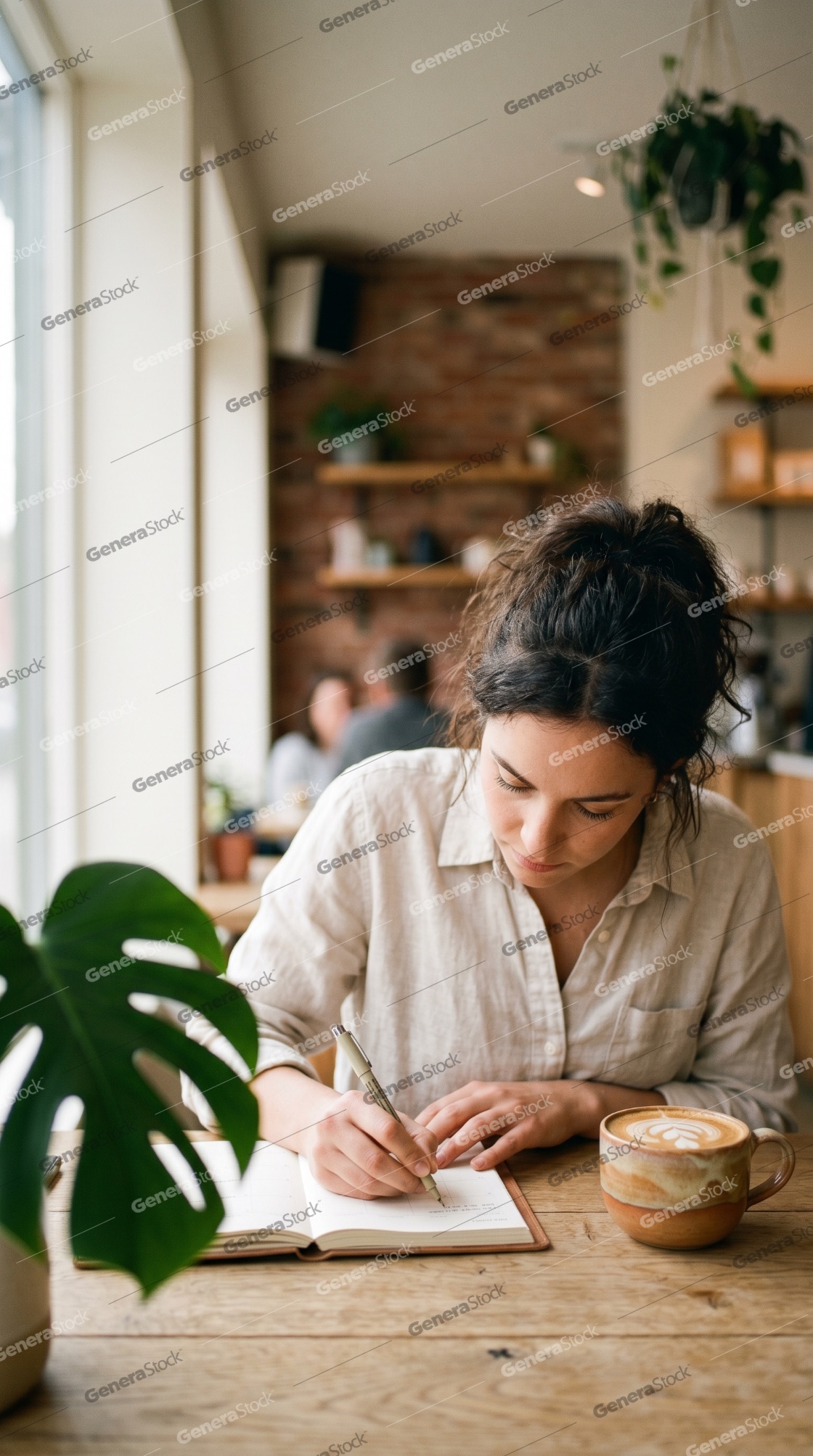 Young woman writing in a notebook at a cozy cafe with a cup of latte and indoor plants