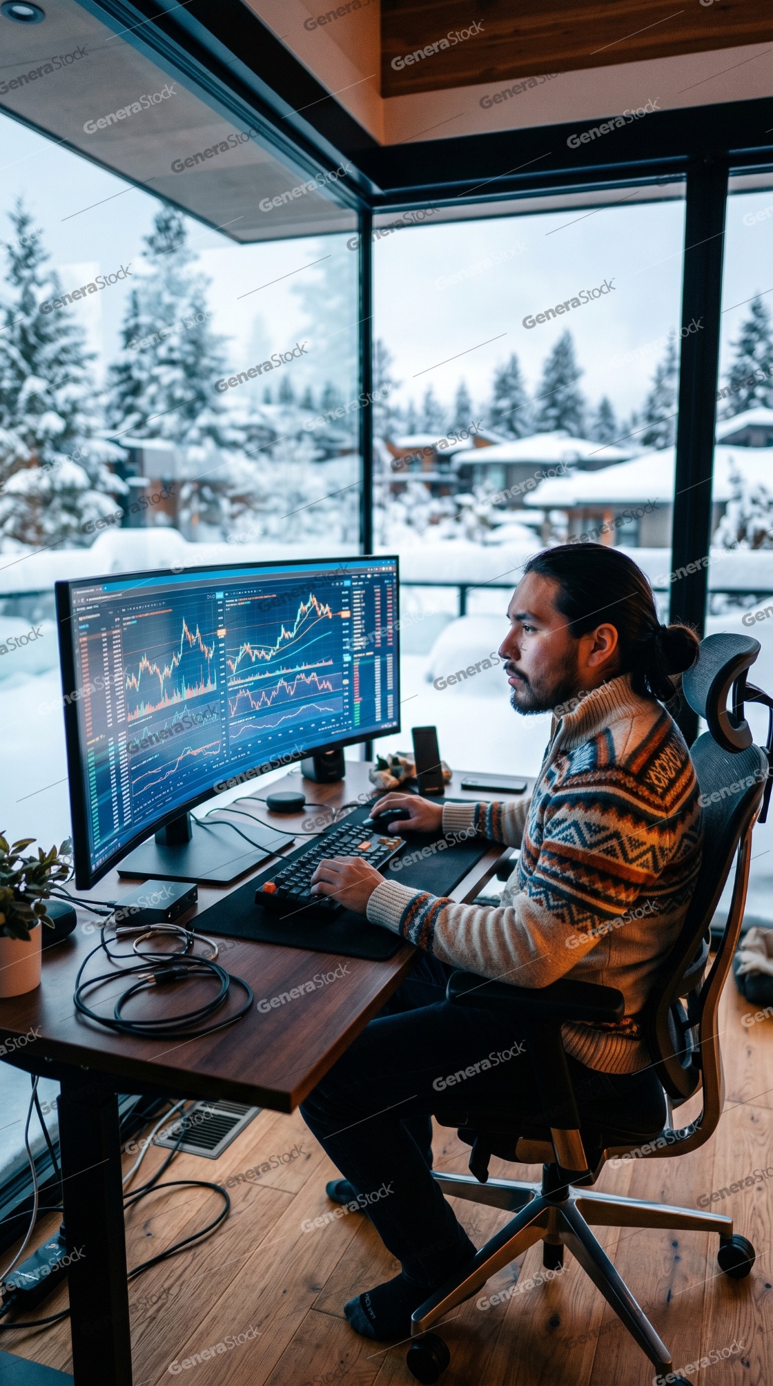Professional trader working from home in a cozy winter cabin office analyzing stock market charts on a wide monitor