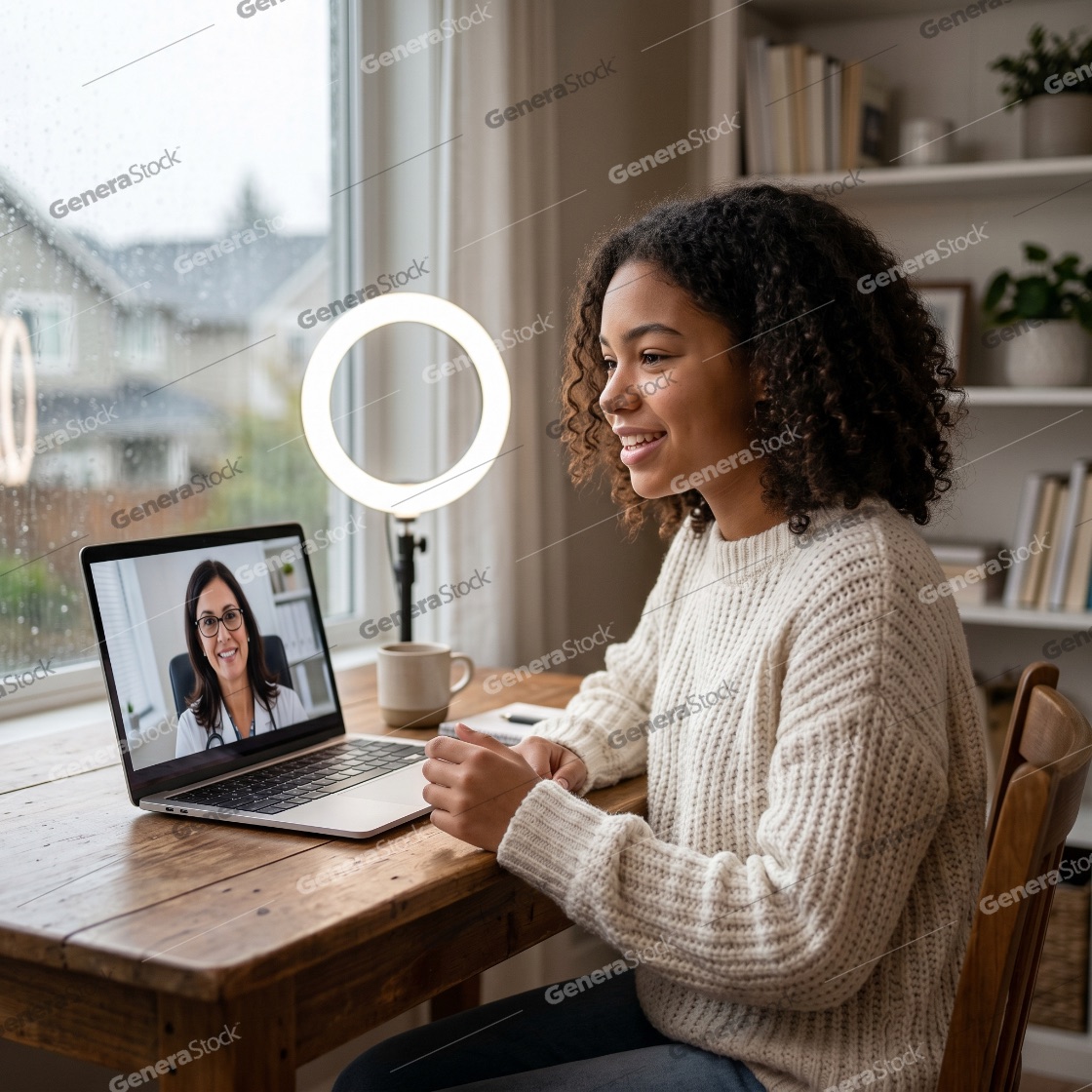 Young woman with curly hair having a telemedicine consultation with a female doctor on her laptop at home