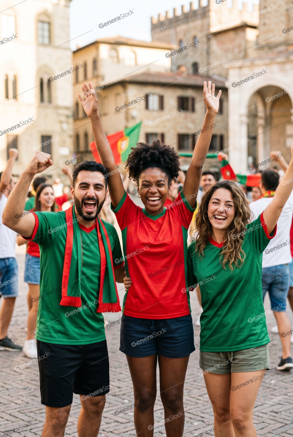 Group of diverse young friends and football fans cheering for Portugal, celebrating victory with arms raised in a historic city square