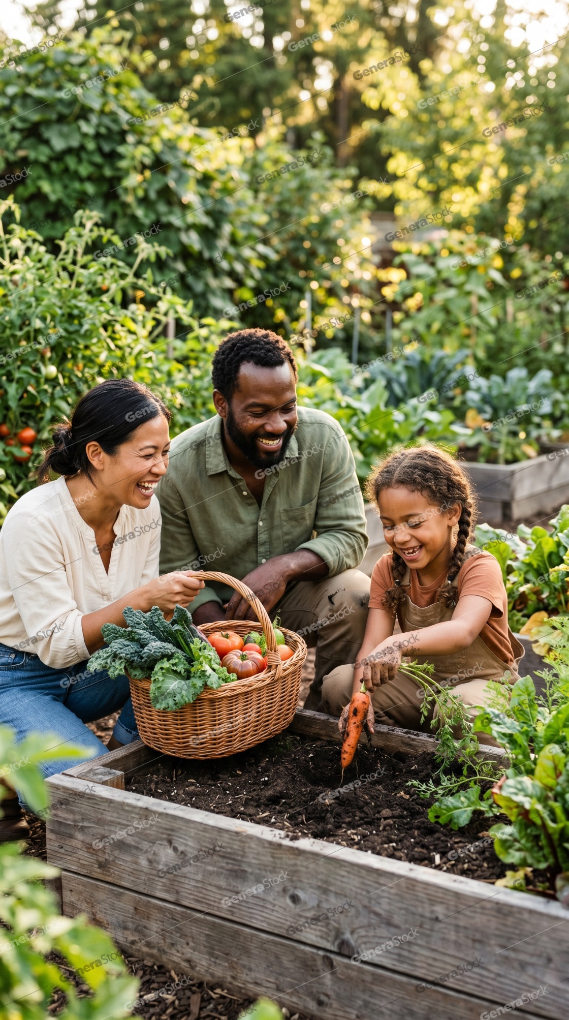 Happy multi-ethnic family harvesting fresh organic vegetables from a raised garden bed in a sunny backyard garden