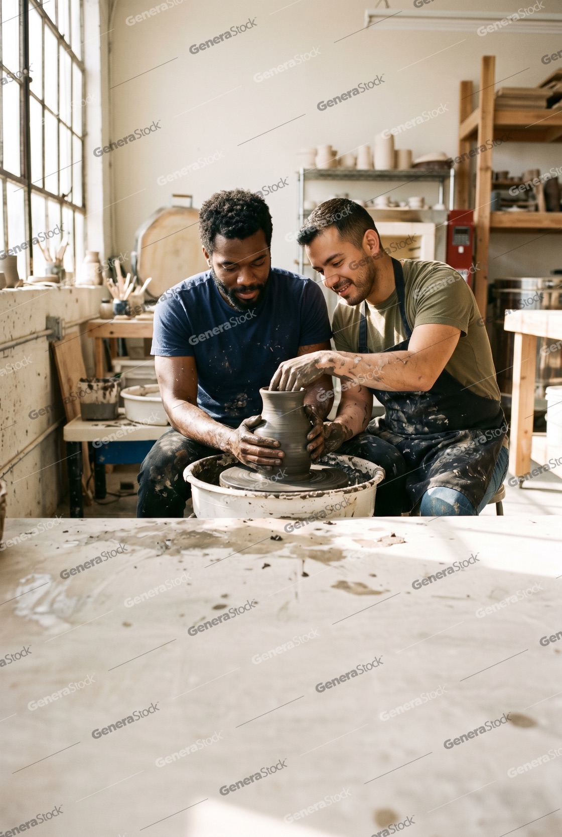 Two diverse male artists collaborating to shape a clay vase on a pottery wheel in a bright ceramic studio workshop