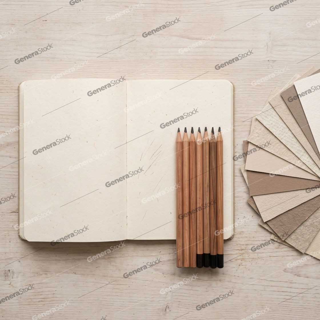 Open blank notebook with wooden pencils and paper swatches on a light wood surface