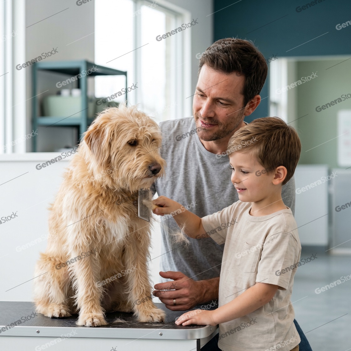 Father and young son brushing a fluffy goldendoodle dog on a grooming table, teaching pet care and hygiene