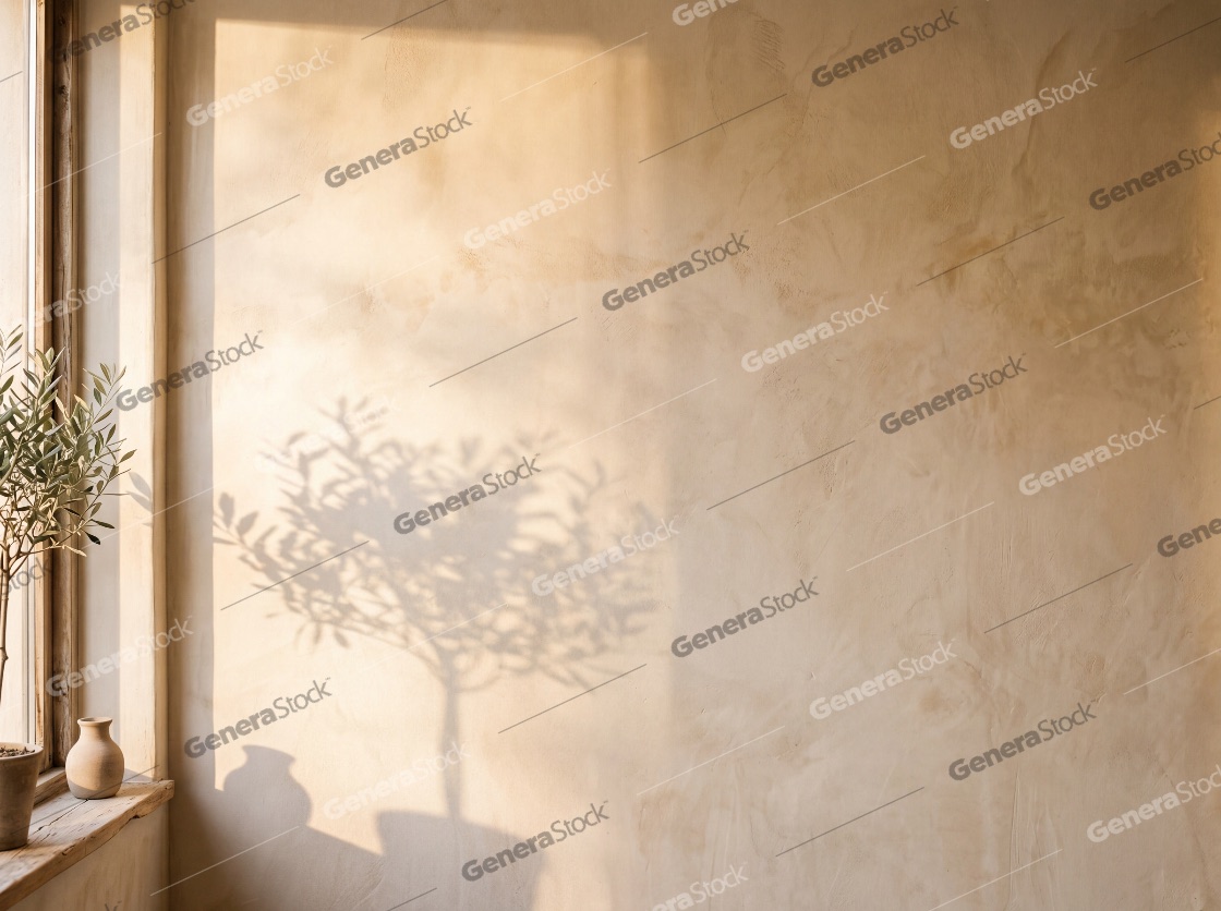 Minimalist Interior Scene with Warm Sunlight Casting Olive Tree Shadow on Textured Beige Wall