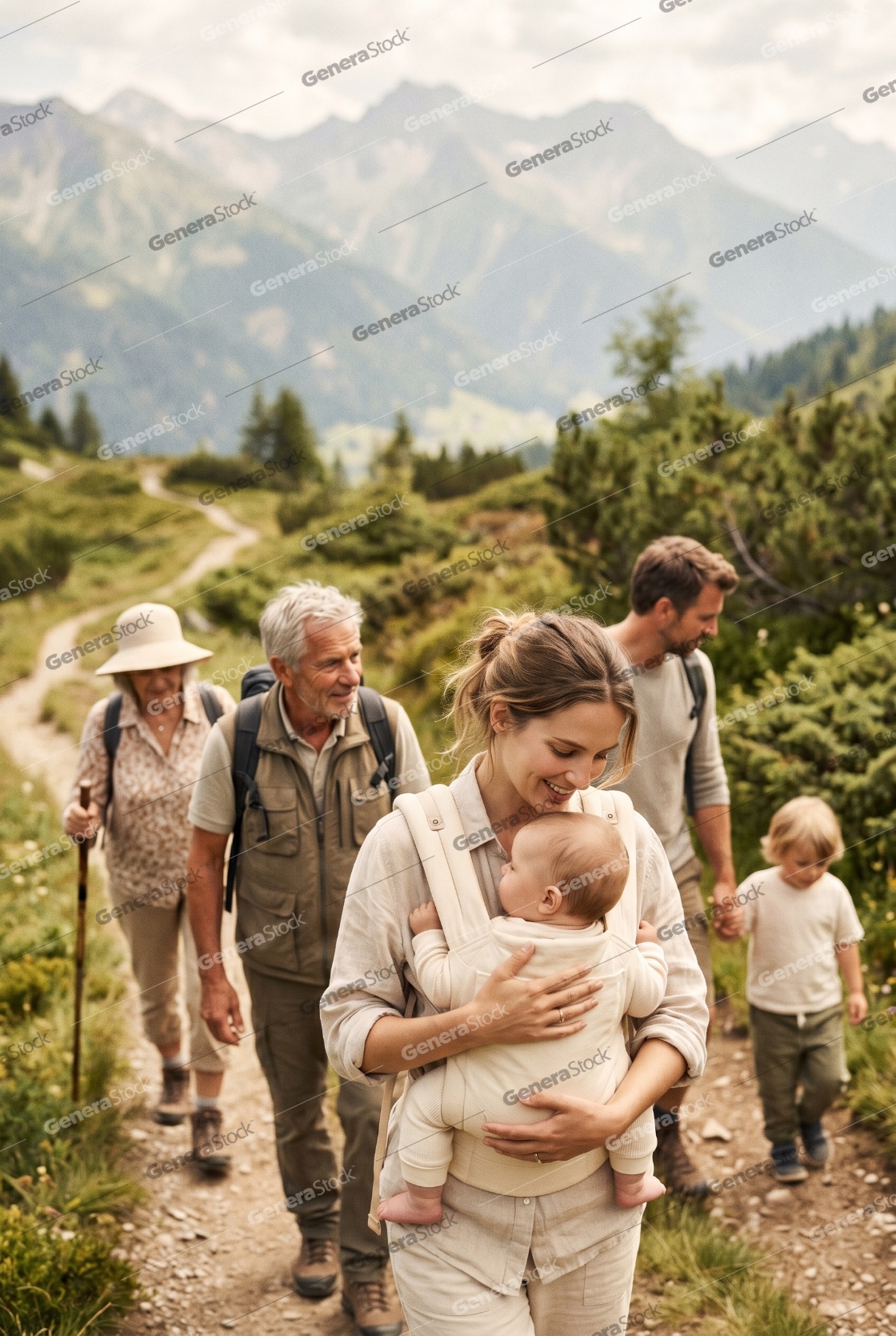 Happy Multi-generational Family Hiking on a Scenic Mountain Trail with a Baby in a Carrier