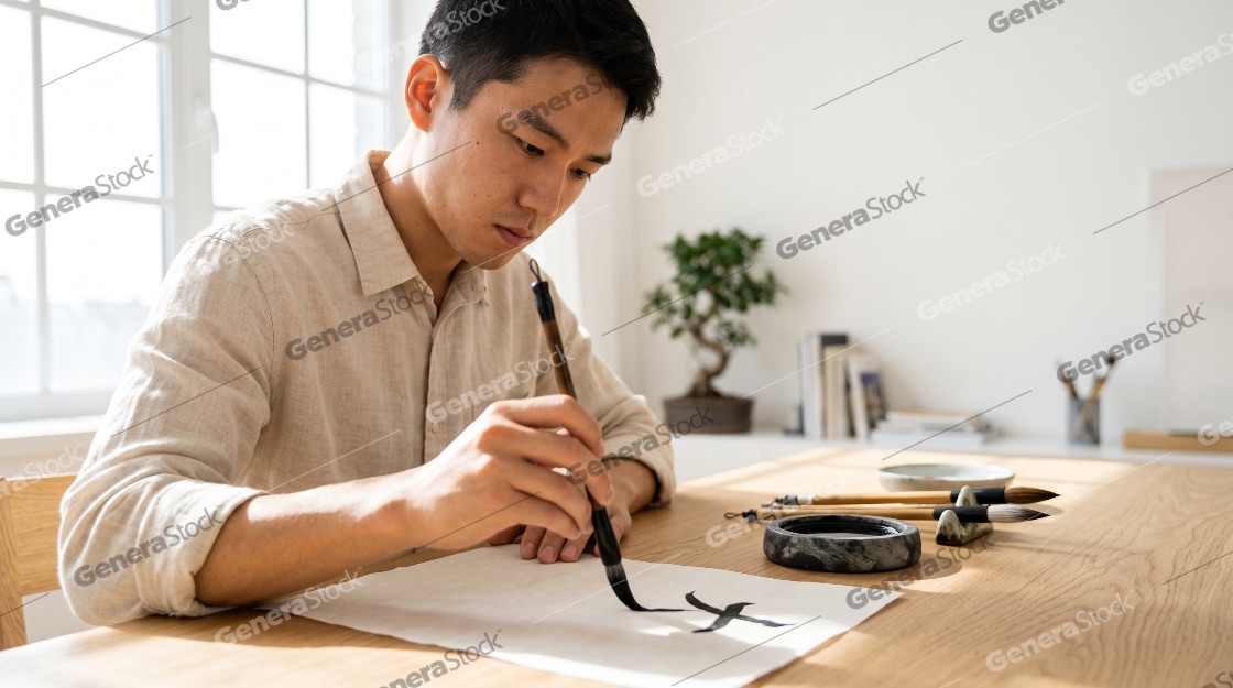 Focused Young Asian Man Practicing Traditional Chinese Calligraphy with Brush and Ink in a Bright Minimalist Studio