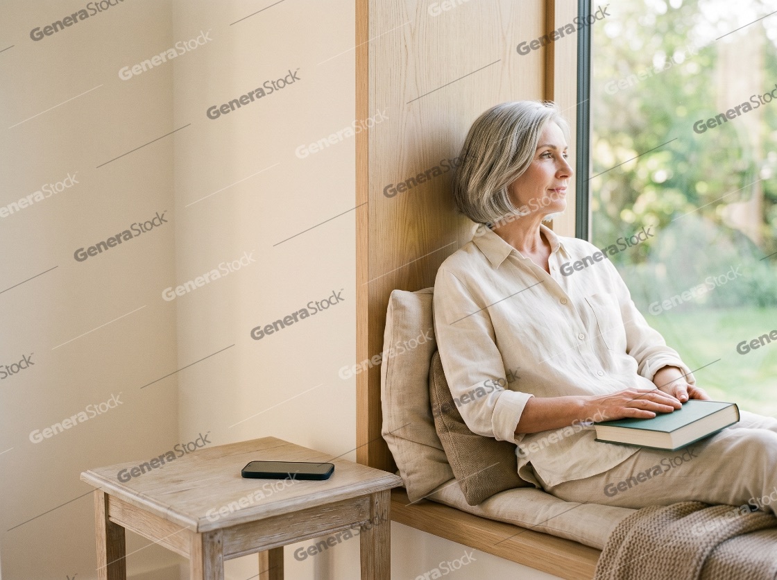 Serene senior woman sitting by a window with a book, looking outside thoughtfully in a modern home