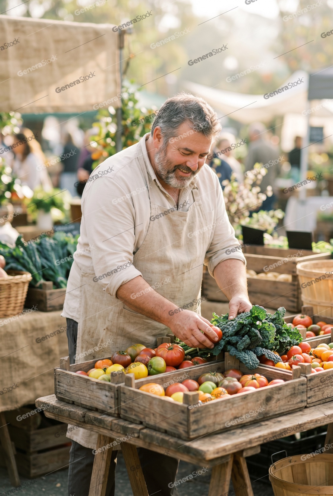 Smiling middle-aged male farmer arranging fresh organic tomatoes and kale in wooden crates at an outdoor local farmers market