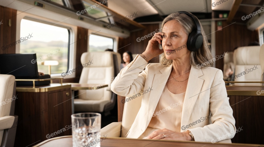 Elegant mature woman wearing wireless headphones while traveling in a luxury first-class train cabin