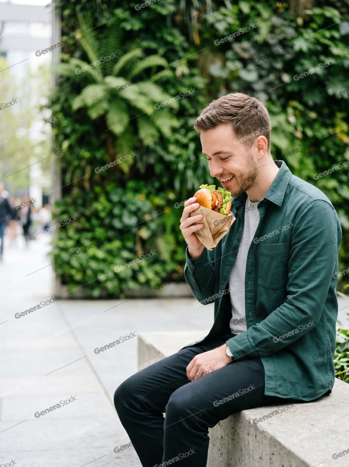 Happy young man sitting on a stone bench in an urban setting, enjoying a delicious burger for lunch against a green wall background