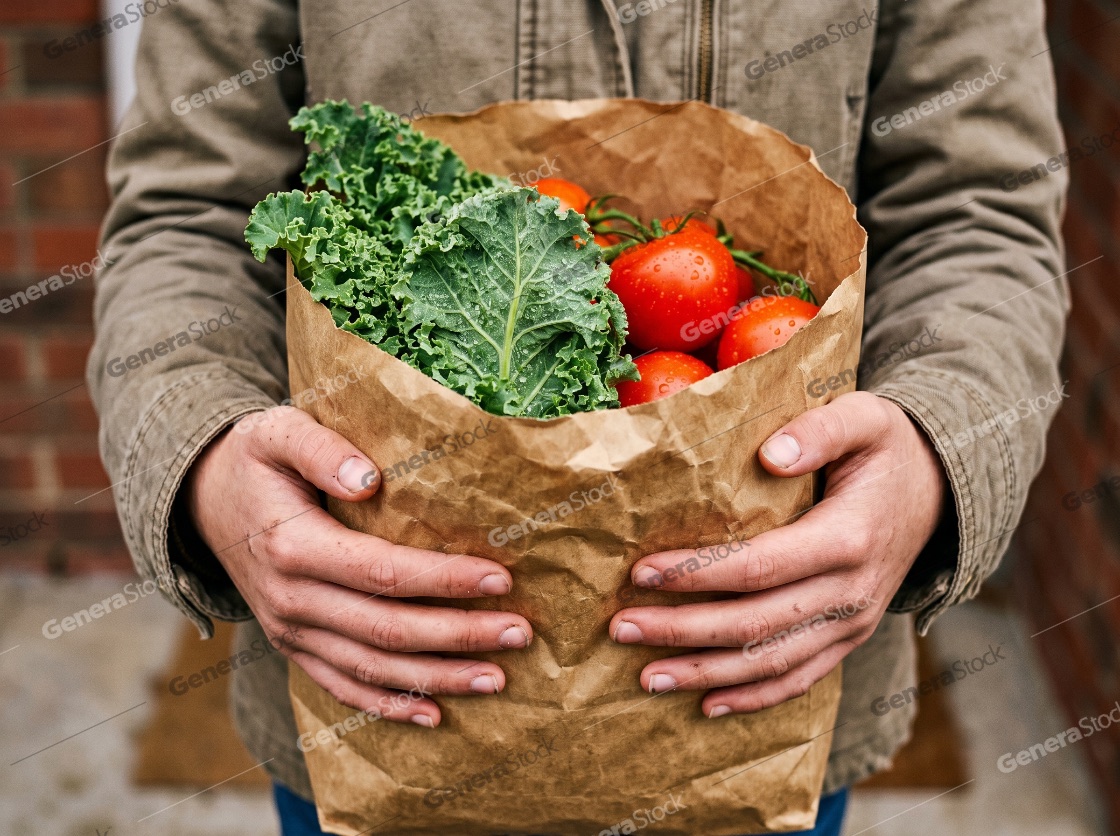 Close-up of a person holding a brown paper grocery bag filled with fresh organic kale and ripe red tomatoes on the vine