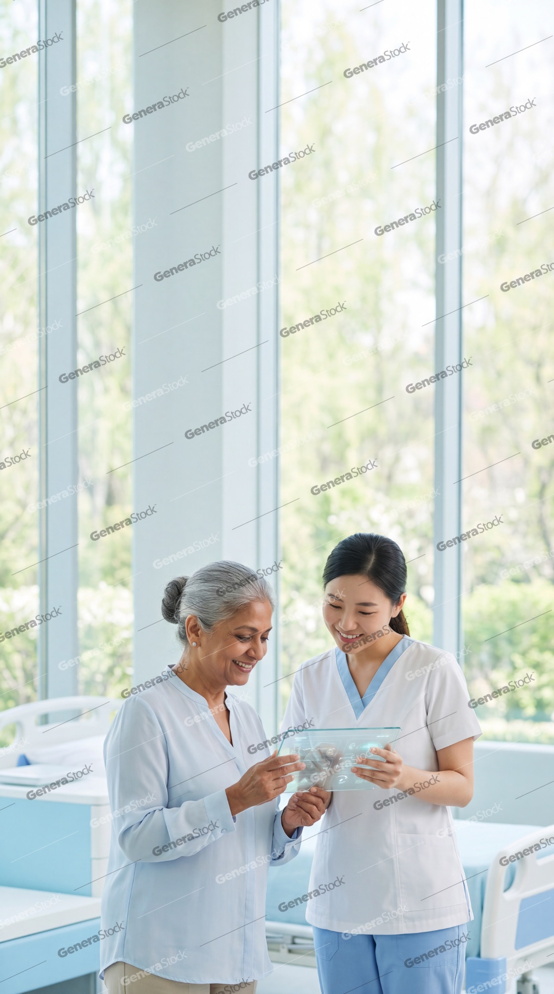 Professional Asian nurse and senior Indian patient looking at a high-tech transparent digital tablet in a bright hospital room, demonstrating advanced healthcare technology and patient care