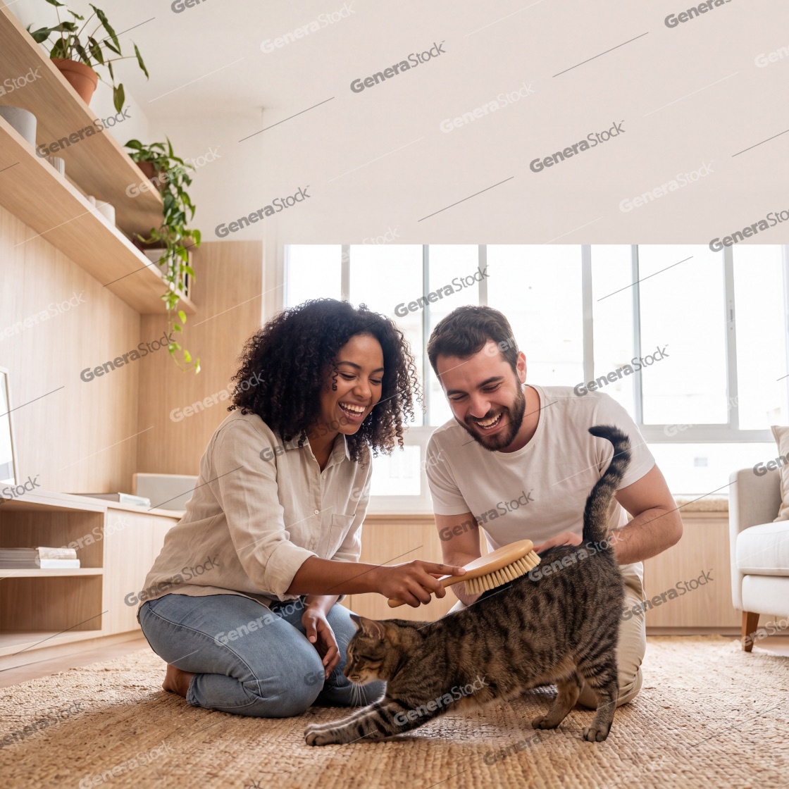 A happy young multiethnic couple, an African American woman and a Caucasian man, are grooming their tabby cat with a brush while sitting on the floor of their bright, modern and cozy living room