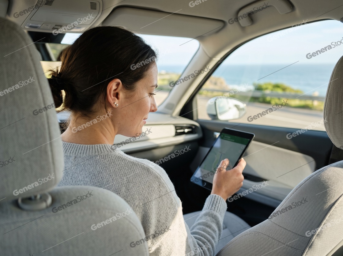 Young woman using a digital tablet for navigation during a scenic coastal road trip