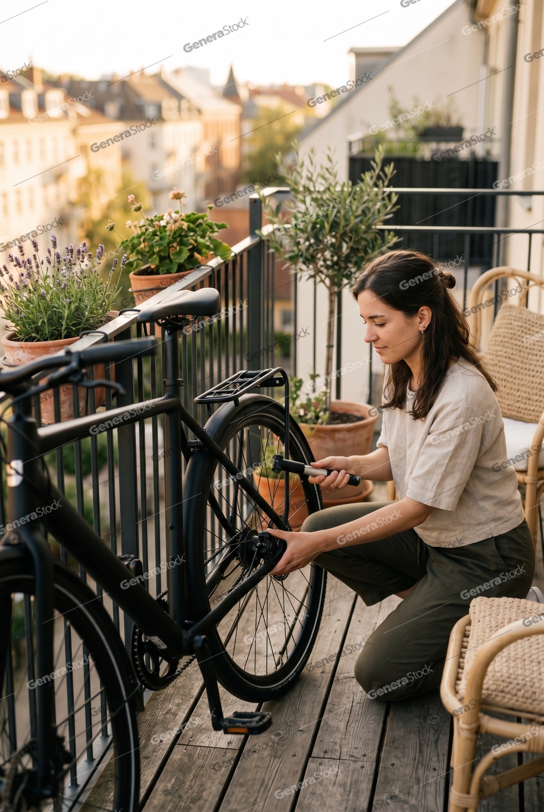 Young woman maintaining and repairing her black bicycle on an urban apartment balcony during sunset with plants and city buildings in the background