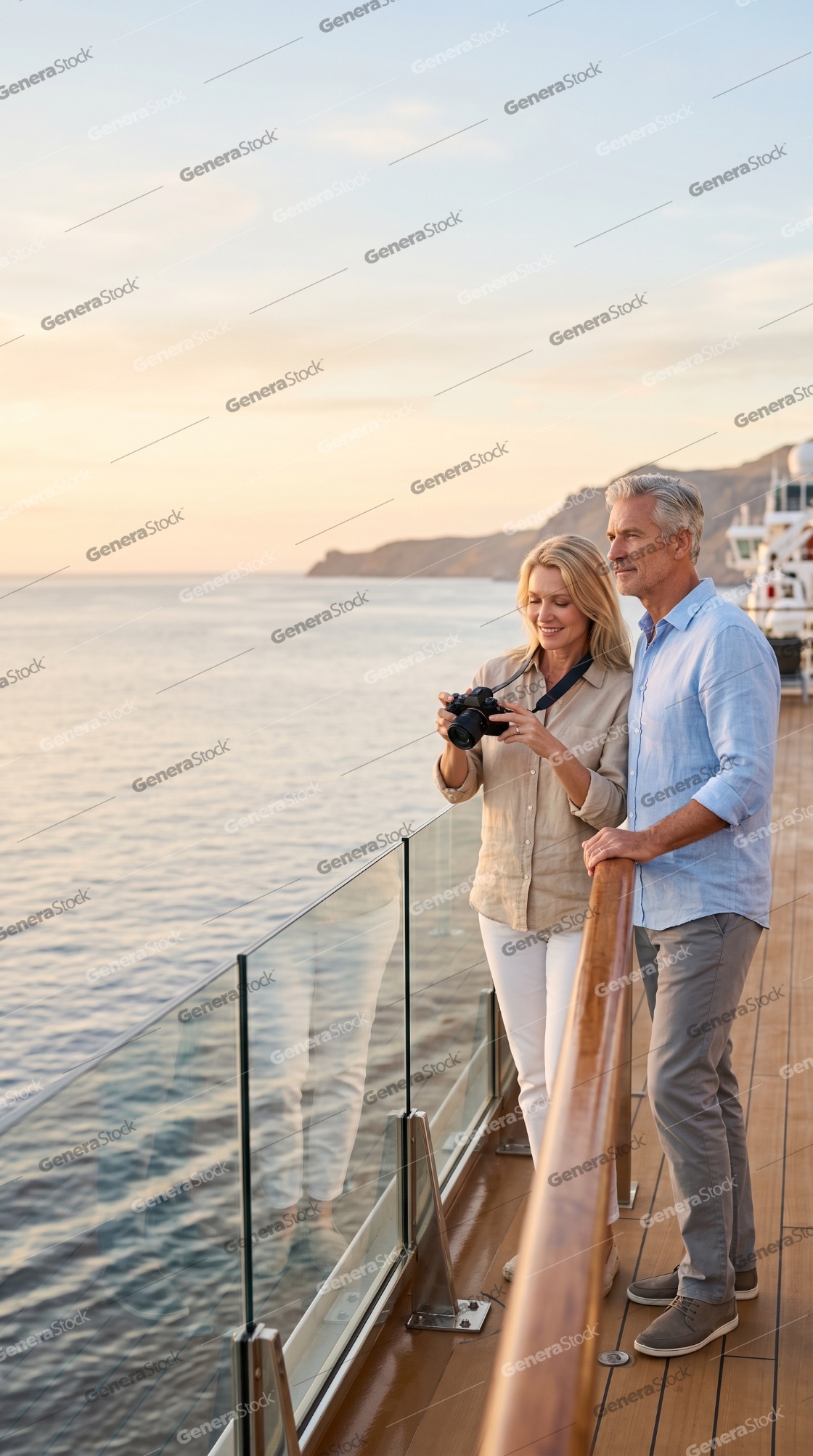 Happy Senior Couple Enjoying Sunset on Luxury Cruise Ship Deck