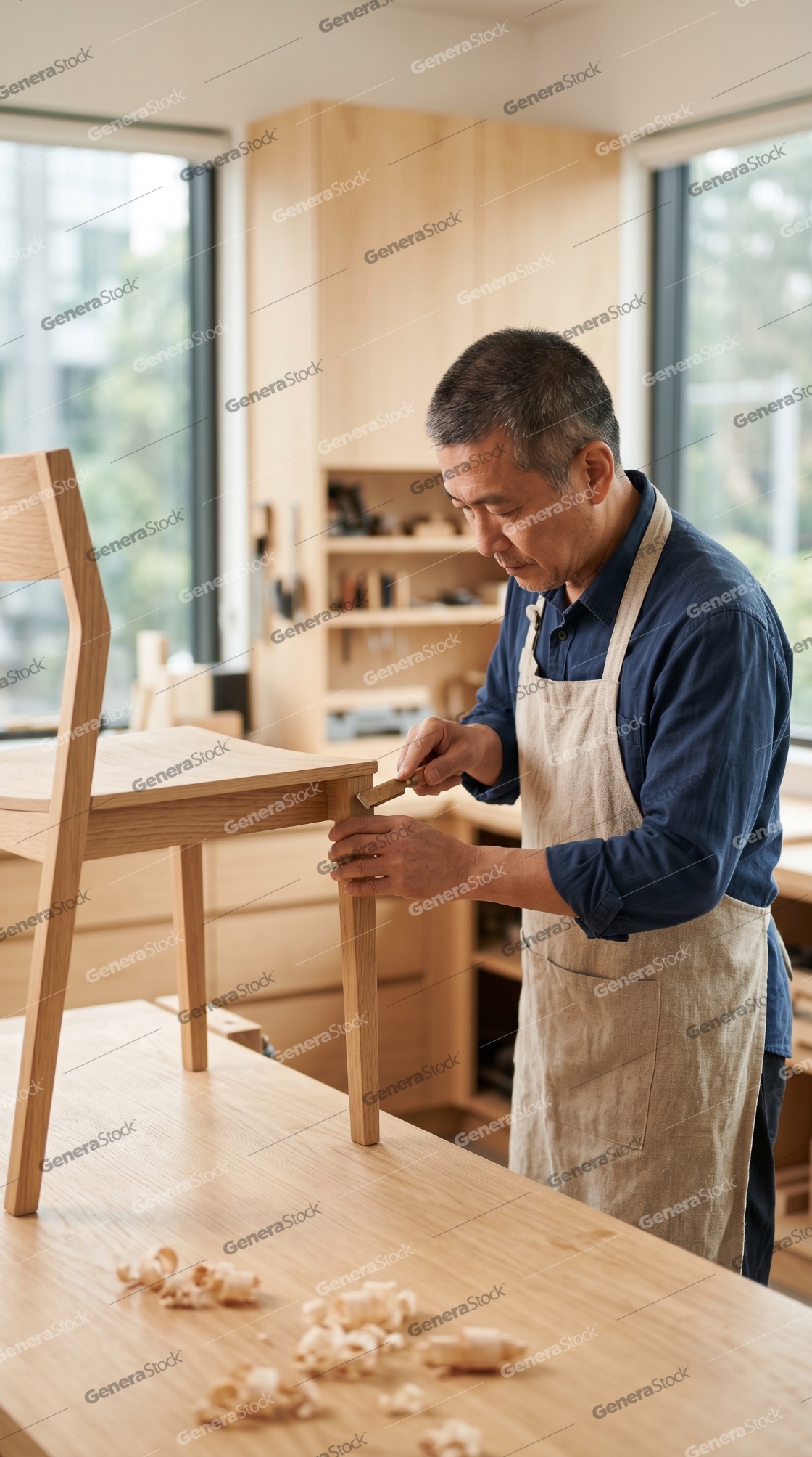 Skilled Asian carpenter meticulously working on a handcrafted wooden chair with a chisel in a bright, modern woodworking studio