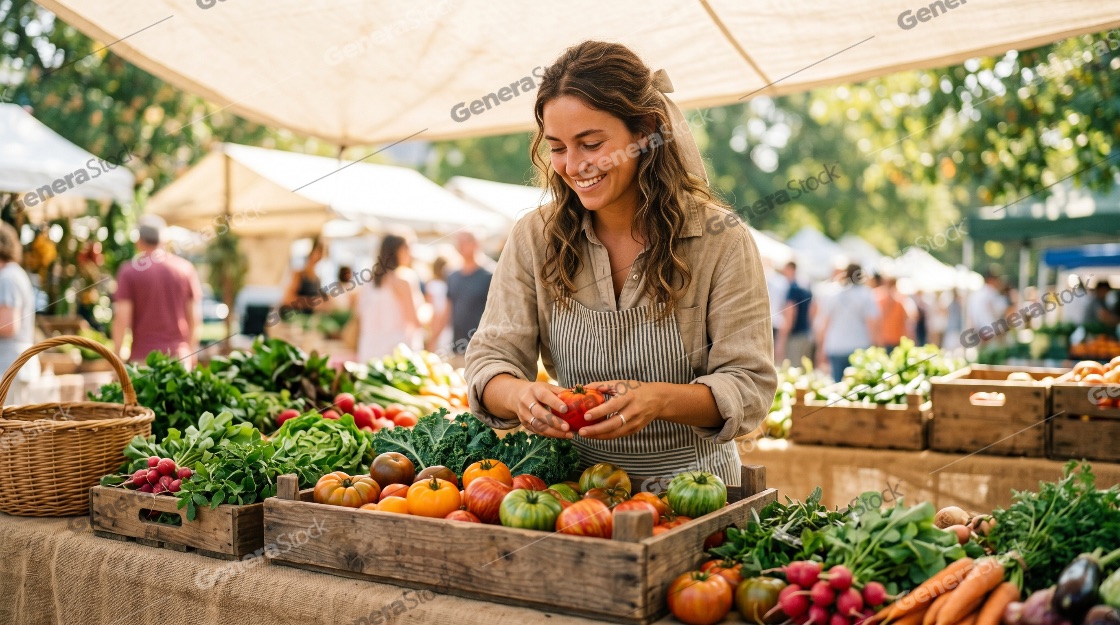 Smiling young woman vendor arranging fresh organic tomatoes at a vibrant outdoor farmers market stall