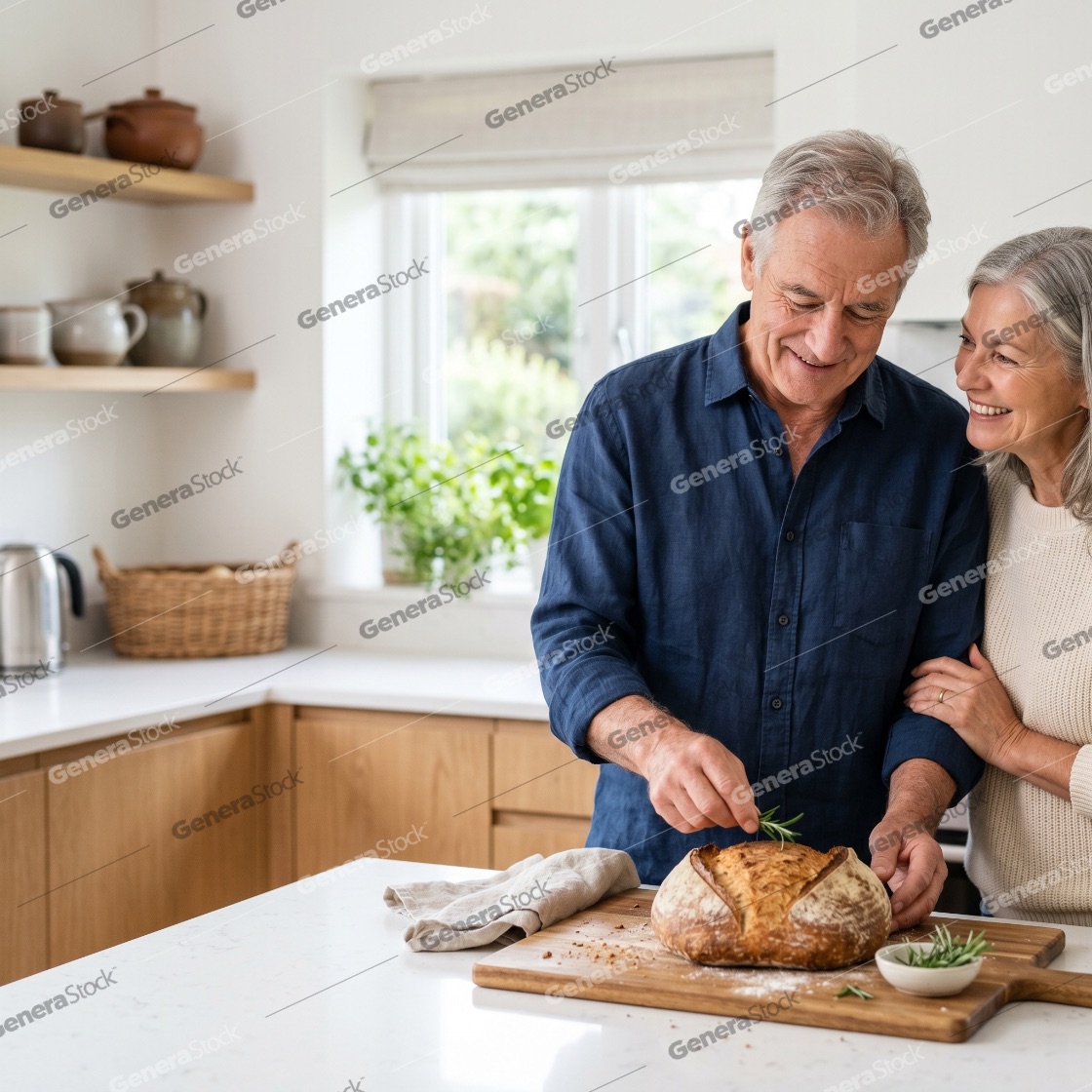 Happy senior couple enjoying time together in a bright modern kitchen while the man garnishes fresh homemade sourdough bread with rosemary