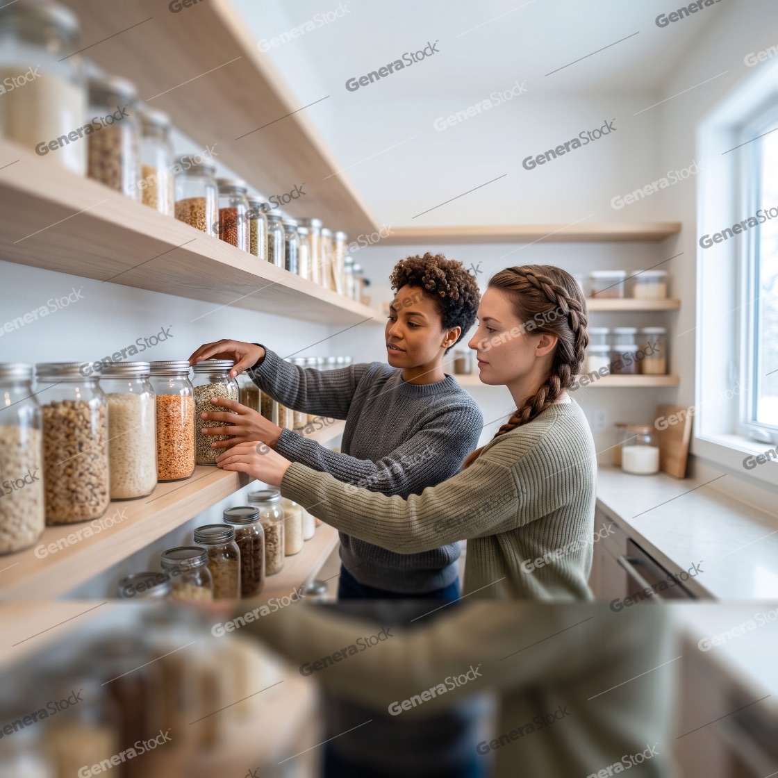 Diverse Friends Organizing a Modern Kitchen Pantry with Glass Jars of Healthy Grains and Seeds